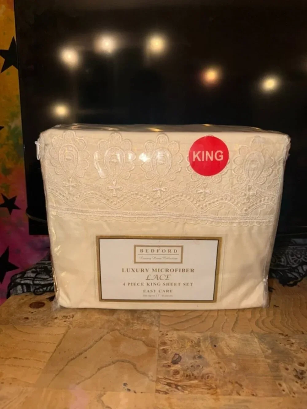 Bedford King Size Biege 4 Piece Sheet Set w/ Lace Accent
